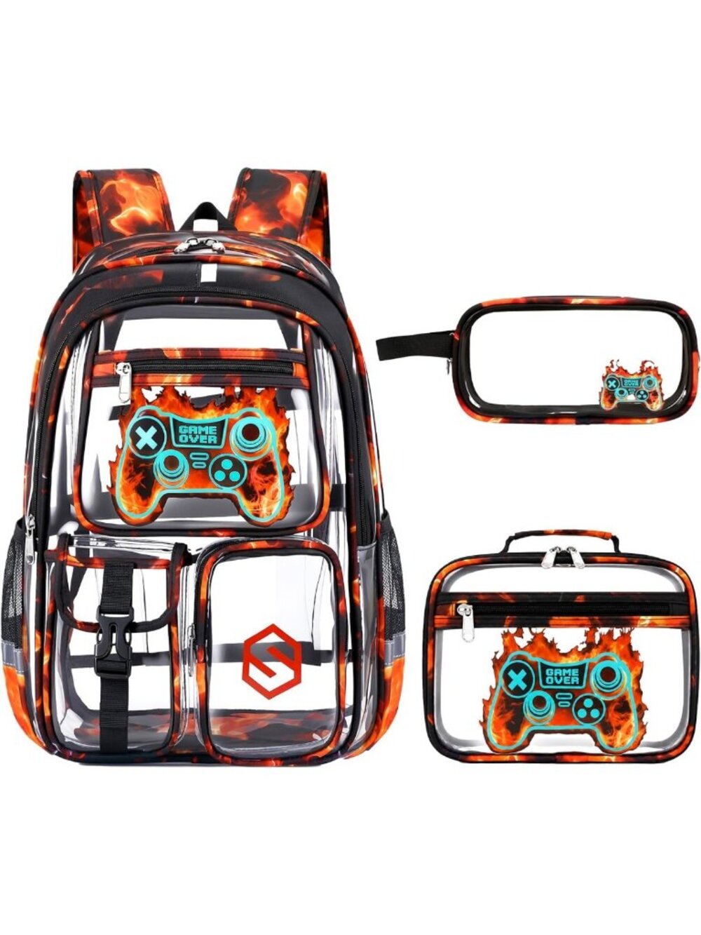 3PCS Cool Luminous Clear Backpack for Boys Kids, Gamer Clear Bookbag for School